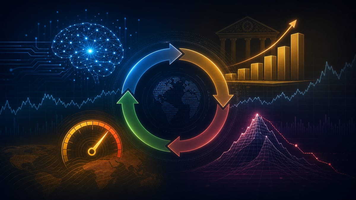 Editorial illustration of AI optimism, rising yields, inflation pressure, and valuation risk inside a market cycle
